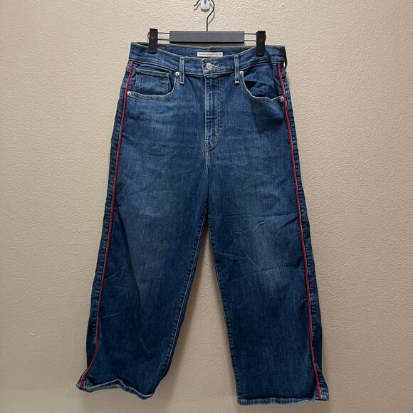 Levi's Mile High Cropped Wide Leg Denim Jeans Size 30 Dark Wash Red Stripe - Picture 4 of 11